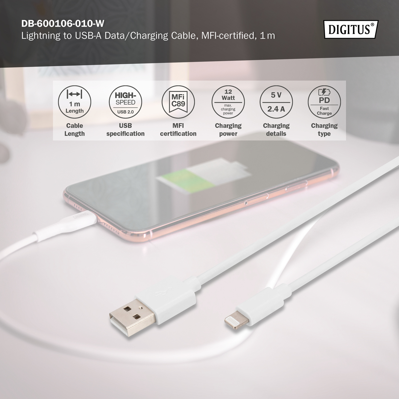Lightning-naar-USB A-gegevens-/oplaadkabel, MFI-gecertificeerd - Afbeelding 4