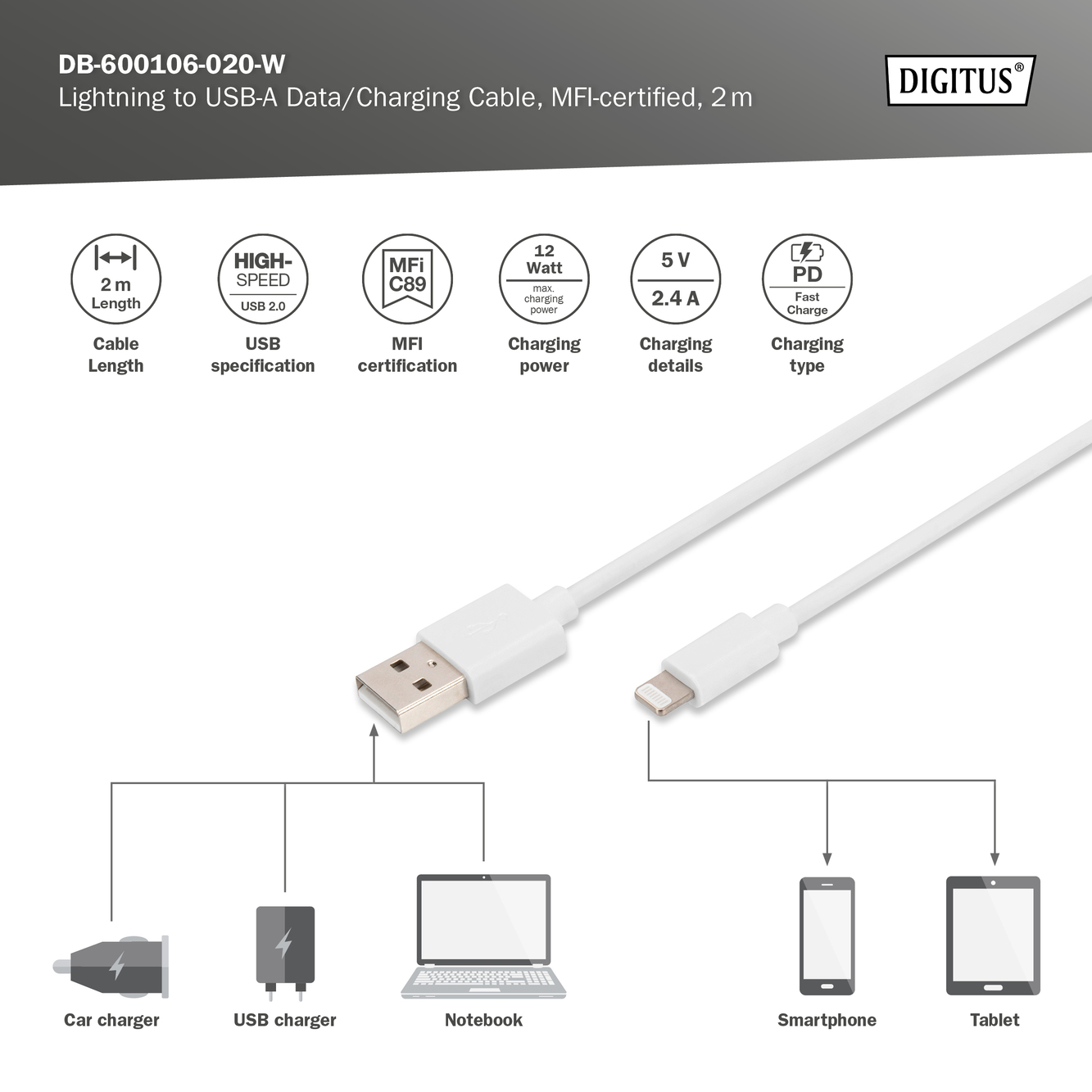 USB-A - Lightning data-/oplaadkabel, MFI-gecertificeerd, 2m - Afbeelding 4