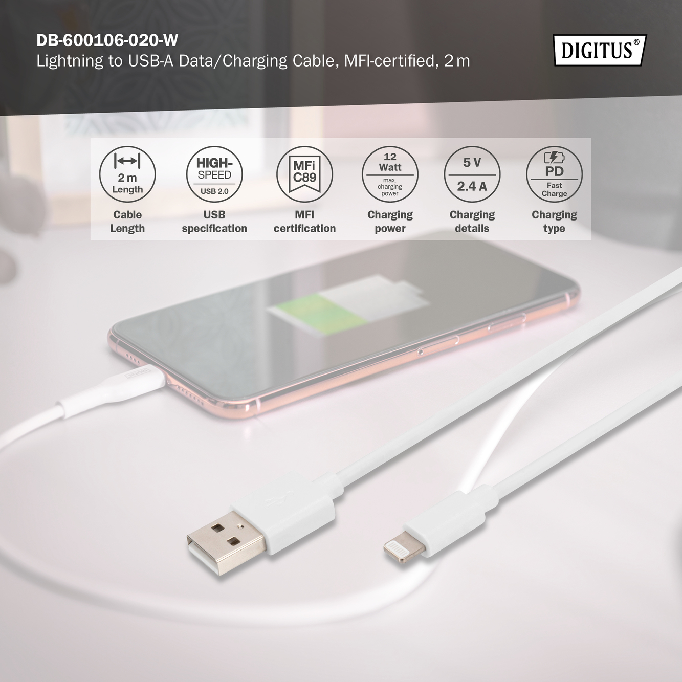 USB-A - Lightning data-/oplaadkabel, MFI-gecertificeerd, 2m - Afbeelding 5