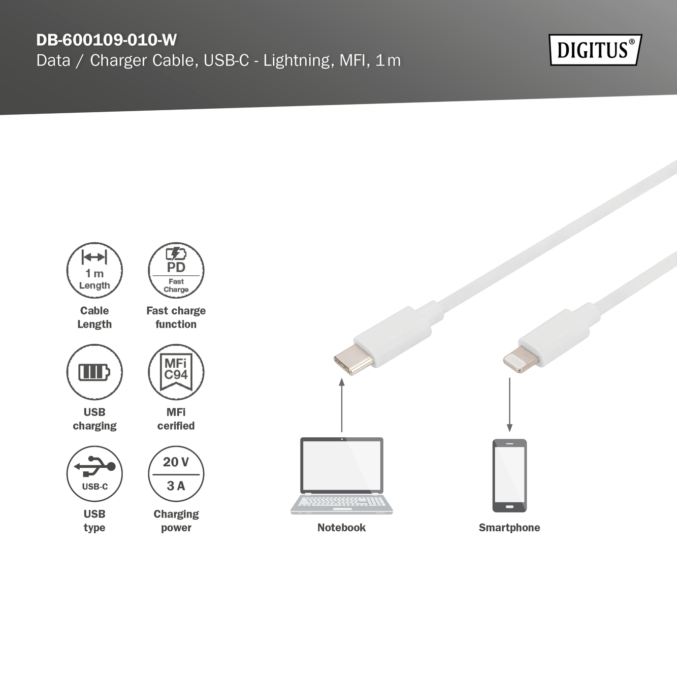 USB-C - Lightning data-/oplaadkabel, MFI-gecertificeerd, 1m - Afbeelding 5