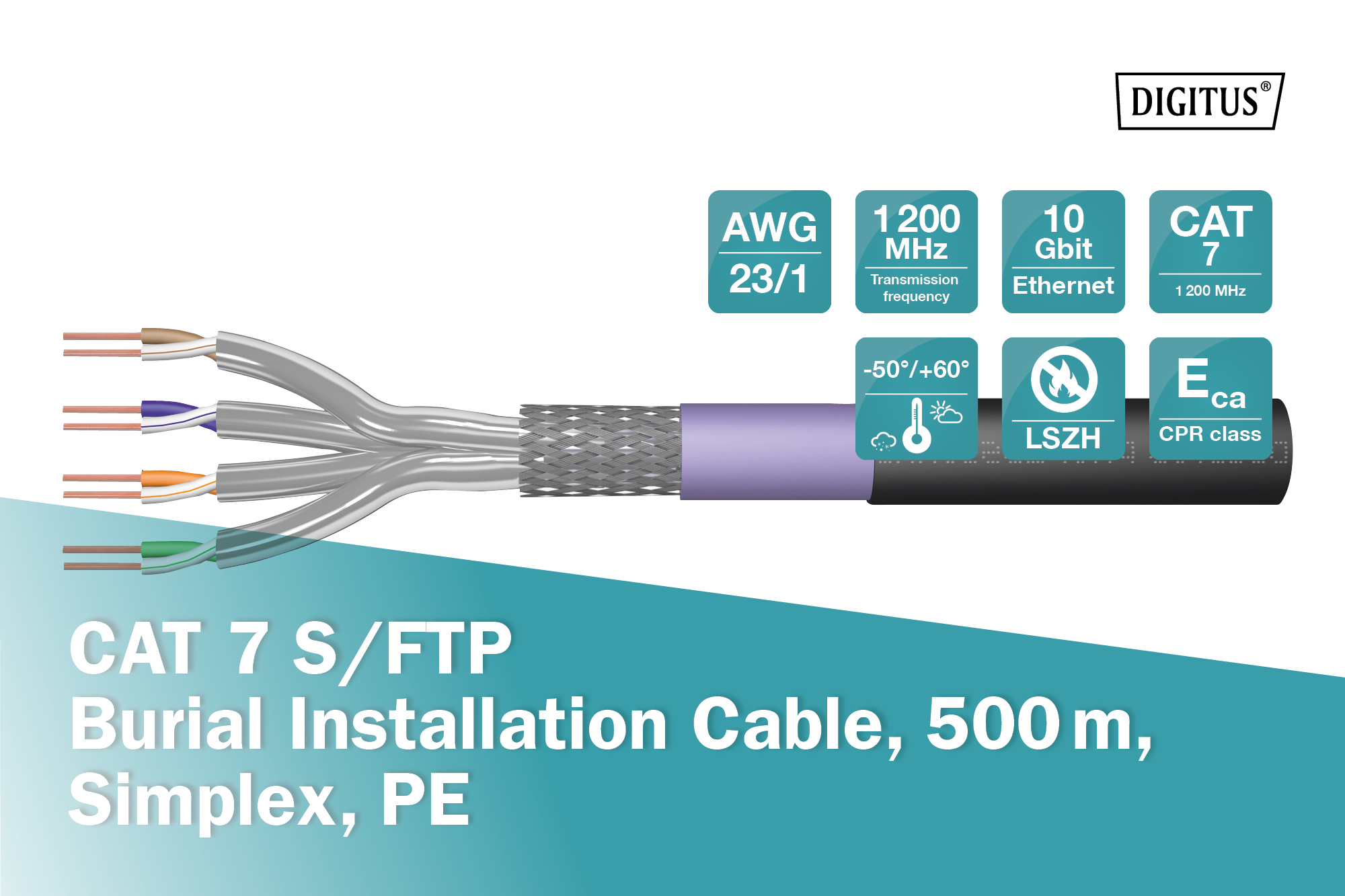 CAT 7 S/FTP datakabel - ondergrondse installatiekabel, 500 m, simplex, PE - Afbeelding 3