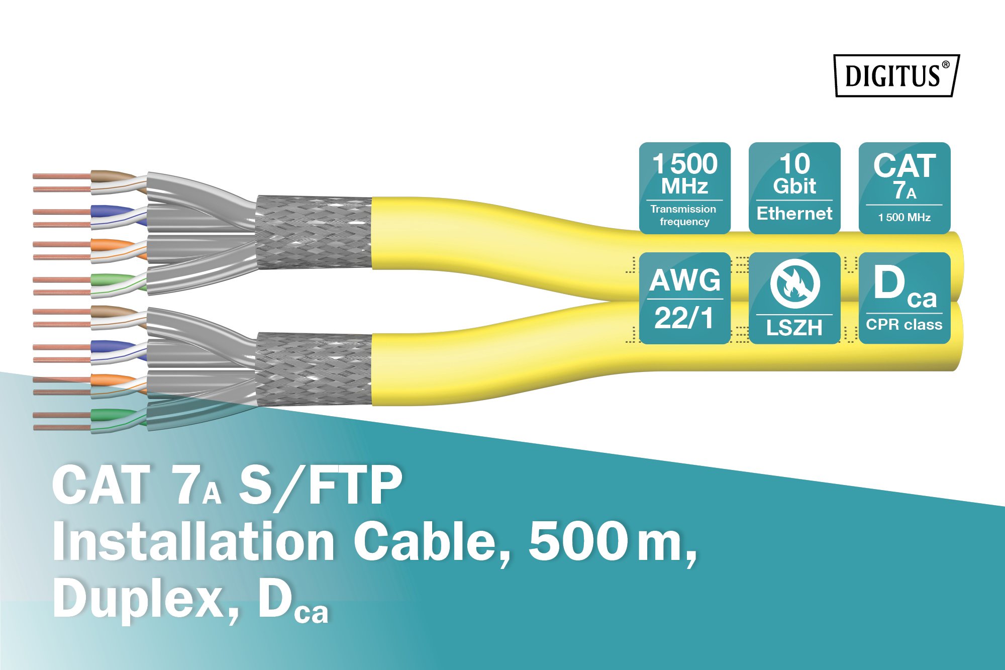 CAT 7A S/FTP, datakabel - installatiekabel, 500 m, duplex, Dca-s1a d1 a1 , GHMT PVP gecertificeerd - Afbeelding 2