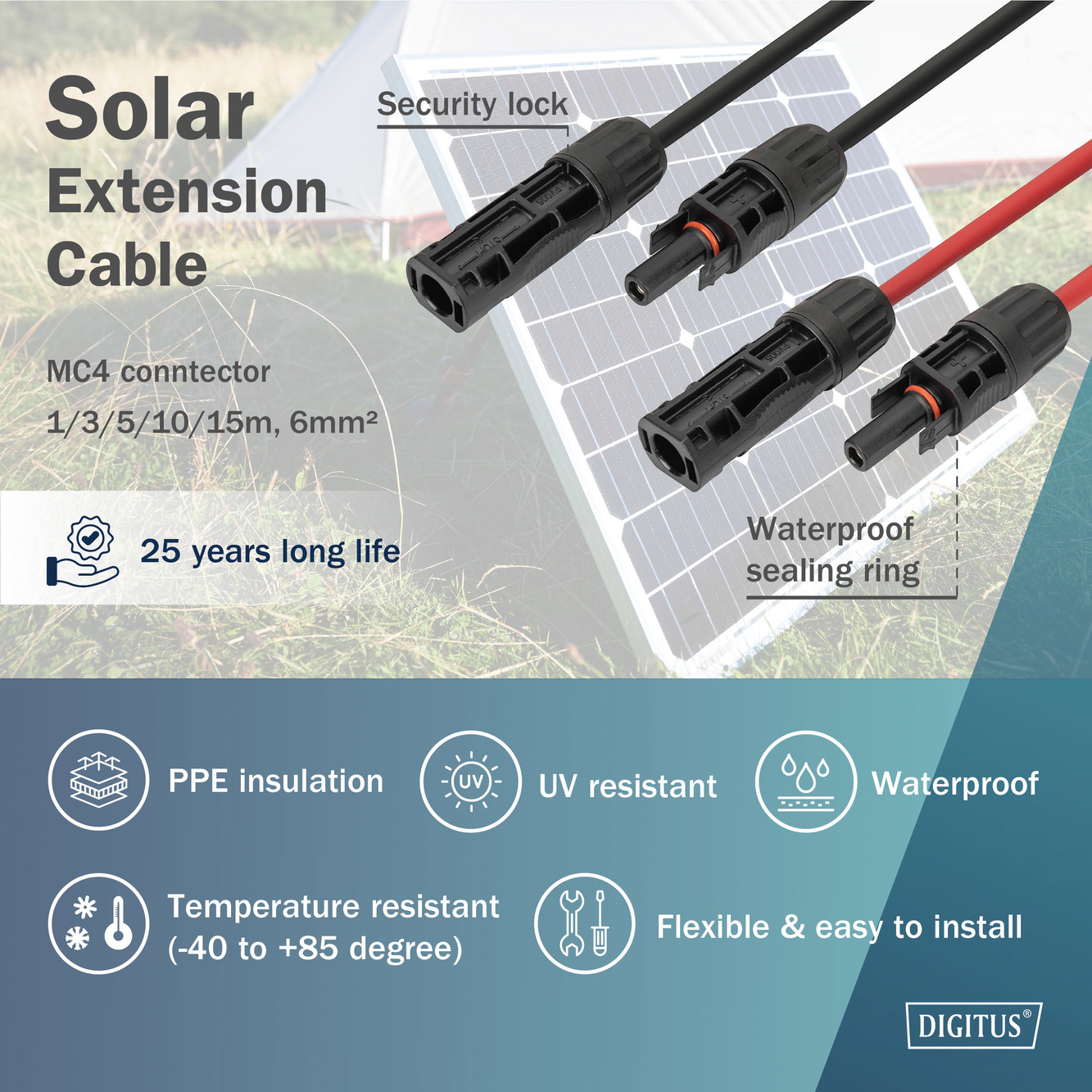 Zonnekabel verlenging 10 m, 6 mm², MC4 aansluiting, PV-kabel 1500 V DC, UV-bestendig & weerbestendig, 2 kabels, 1x zwart, 1x rood - Afbeelding 3