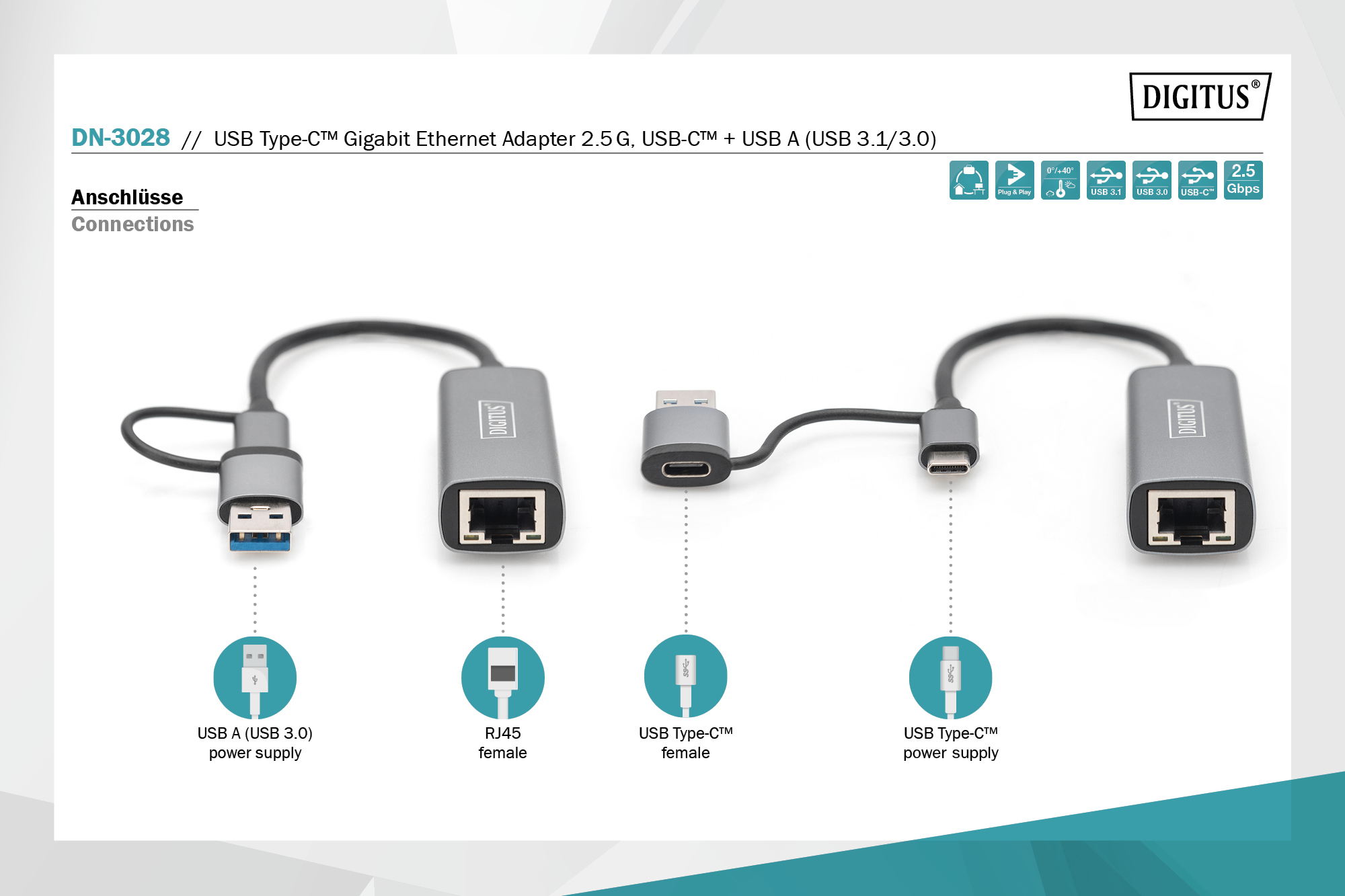 USB type-C™ gigabit ethernet adapter 2.5G, USB-C™ + USB A (USB 3.1/3.0) - Afbeelding 6