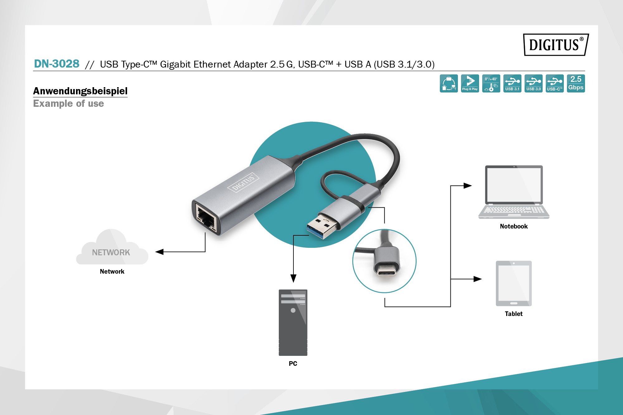 USB type-C™ gigabit ethernet adapter 2.5G, USB-C™ + USB A (USB 3.1/3.0) - Afbeelding 7