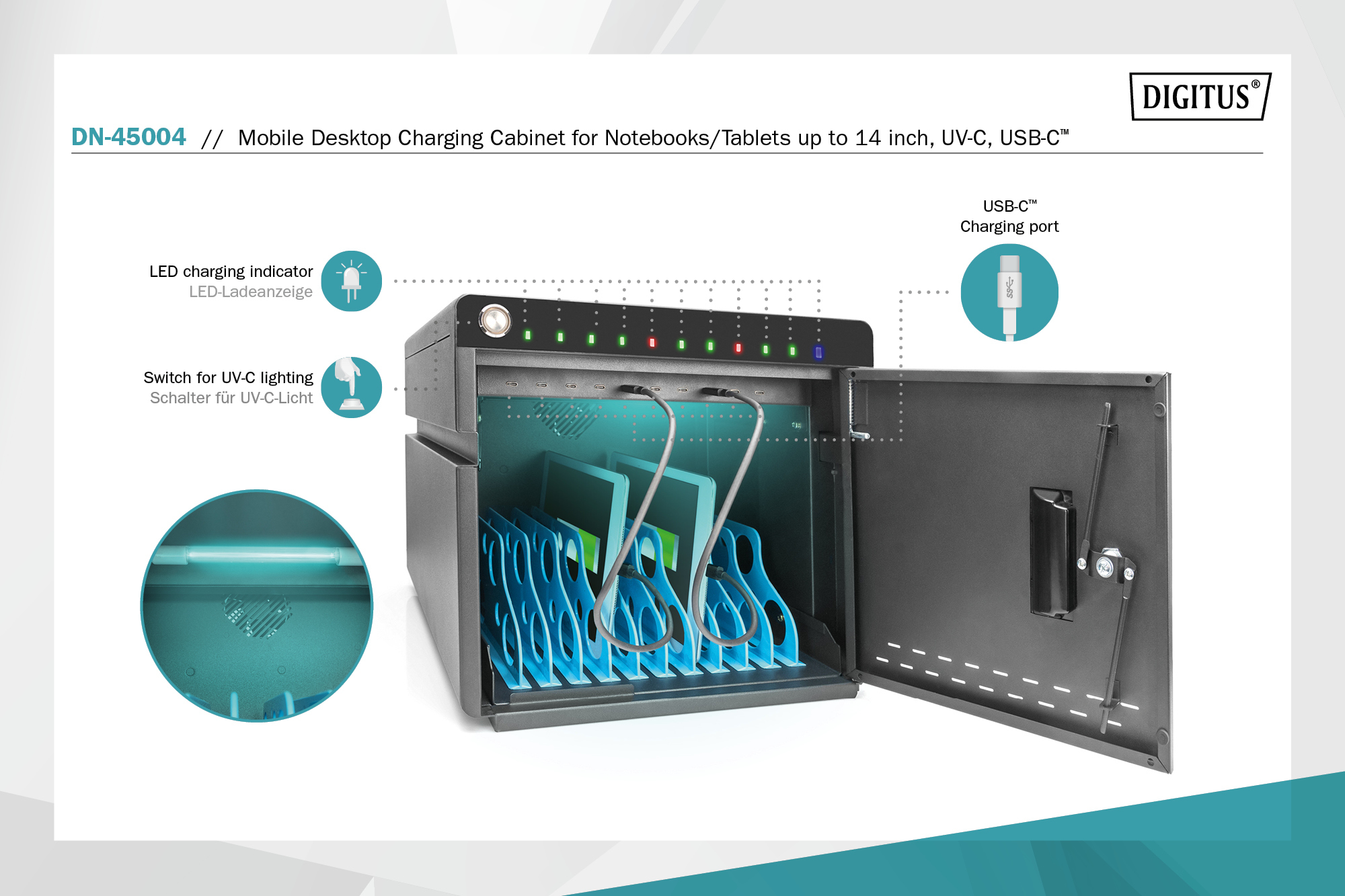 Verrijdbare desktop-oplaadkast voor 10 notebooks/tablets tot 13 inch, UV-C, USB-C - Afbeelding 7