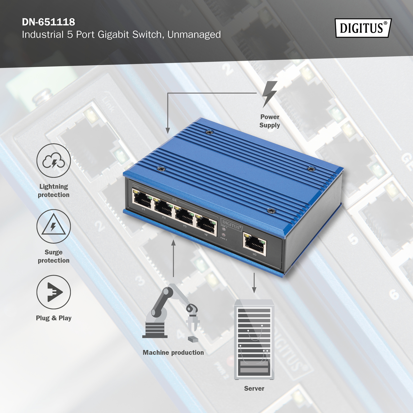 4-poorts gigabit netwerkswitch, industrieel, onbeheerd, 1 RJ45 uplink - Afbeelding 10