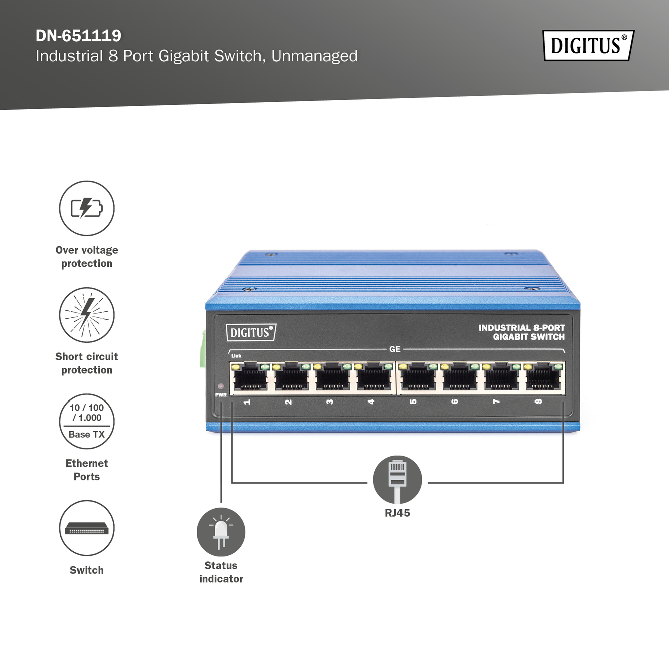 8-poorts Gigabit Ethernet-netwerkschakelaar, industrieel, onbeheerd - Afbeelding 8