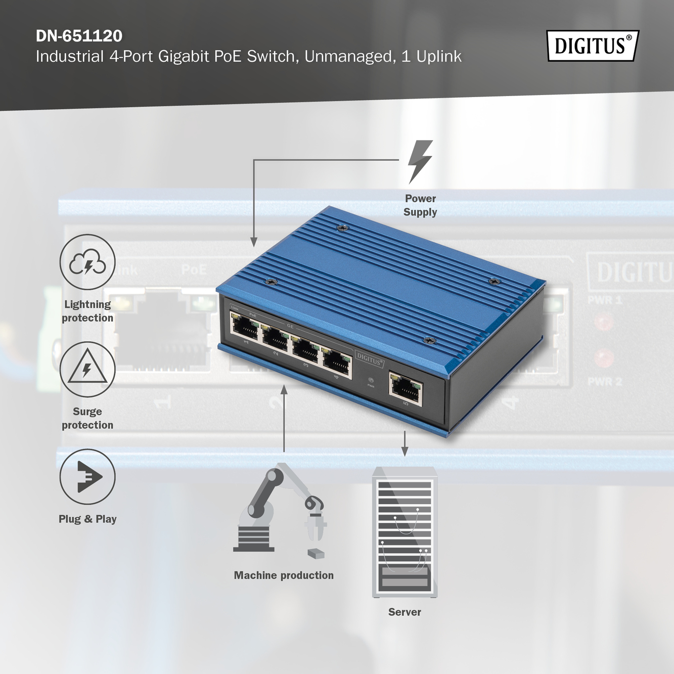 4 Port Gigabit Network PoE Switch, Industrial, Unmanaged, 1 RJ45 Uplink - Afbeelding 8