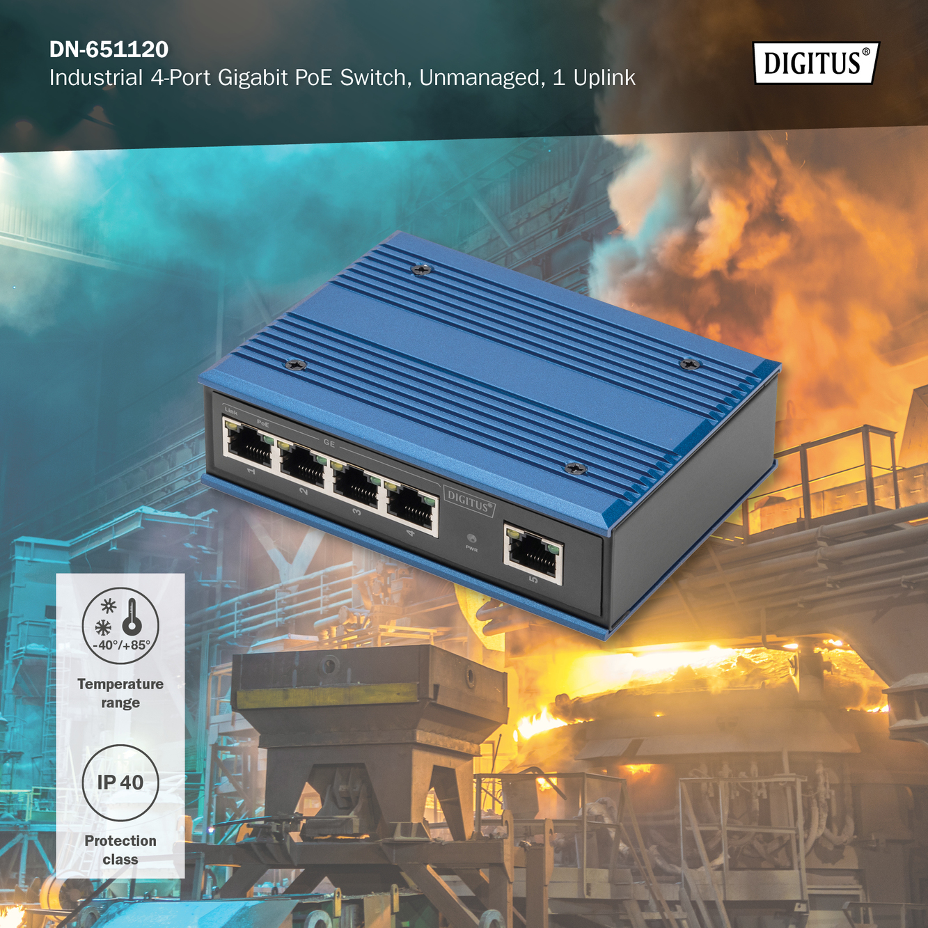 4 Port Gigabit Network PoE Switch, Industrial, Unmanaged, 1 RJ45 Uplink - Afbeelding 7