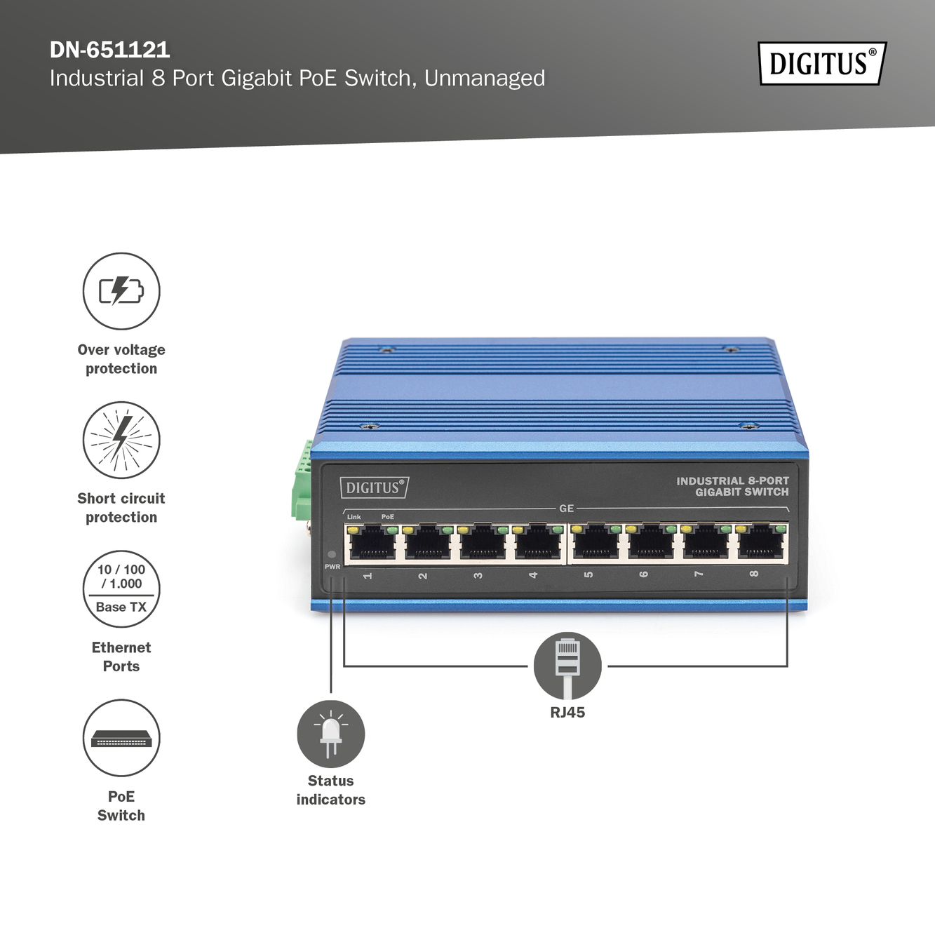 8-poorts Gigabit Ethernet-netwerk PoE-switch, industrieel, onbeheerd - Afbeelding 5