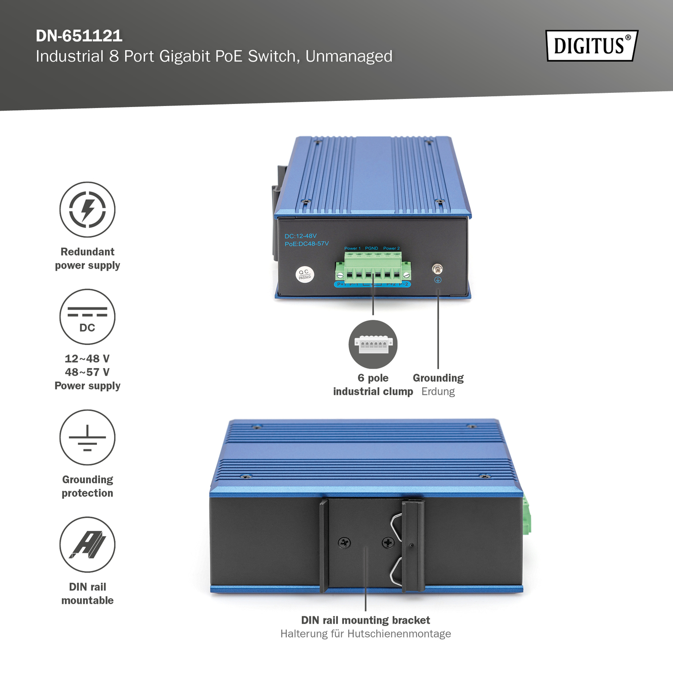 8-poorts Gigabit Ethernet-netwerk PoE-switch, industrieel, onbeheerd - Afbeelding 6