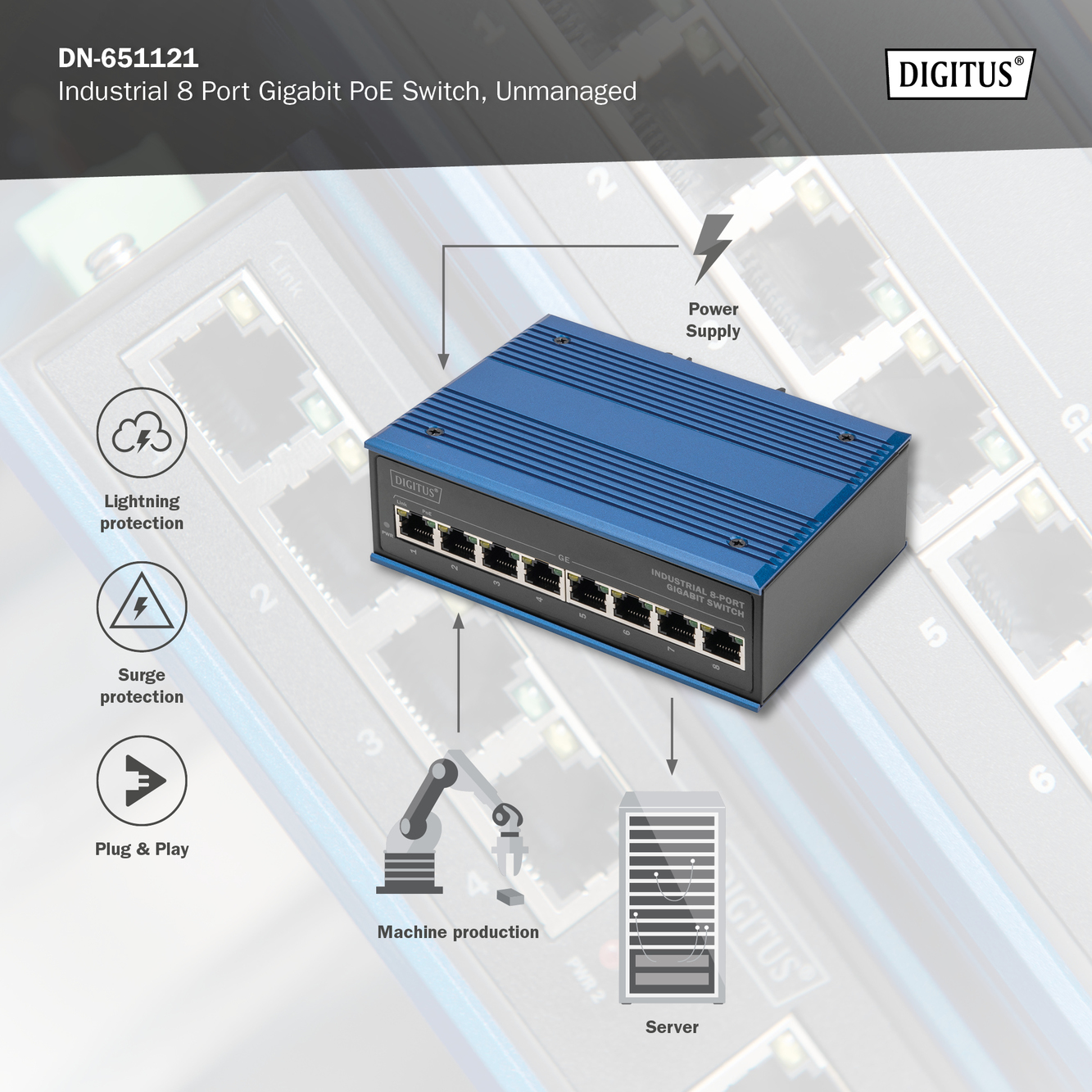8-poorts Gigabit Ethernet-netwerk PoE-switch, industrieel, onbeheerd - Afbeelding 7