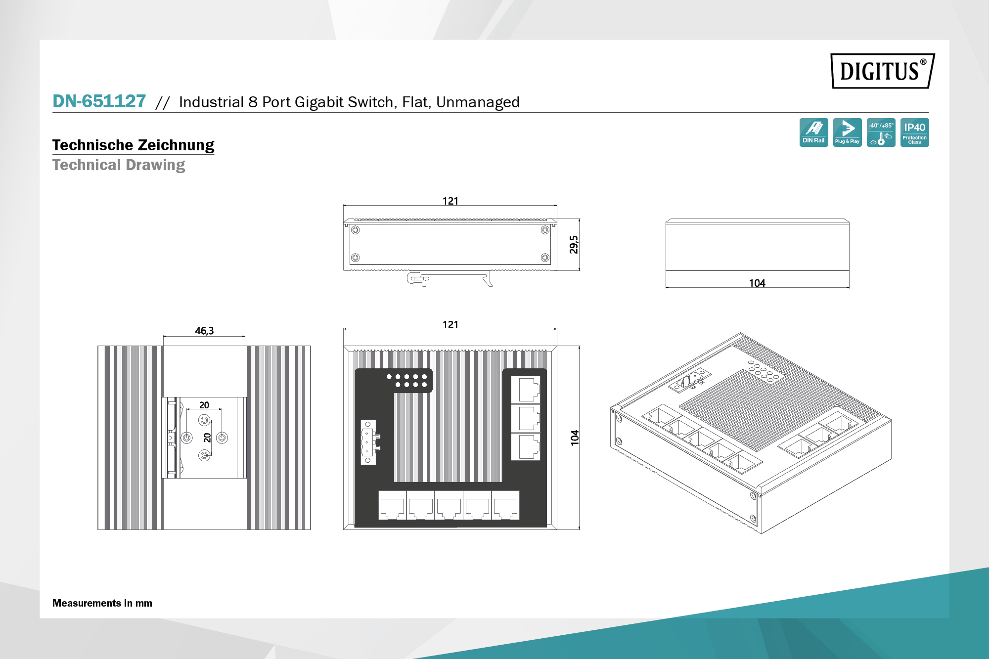 8-poorts Gigabit Ethernet-netwerkschakelaar, plat, industrieel, onbeheerd - Afbeelding 8
