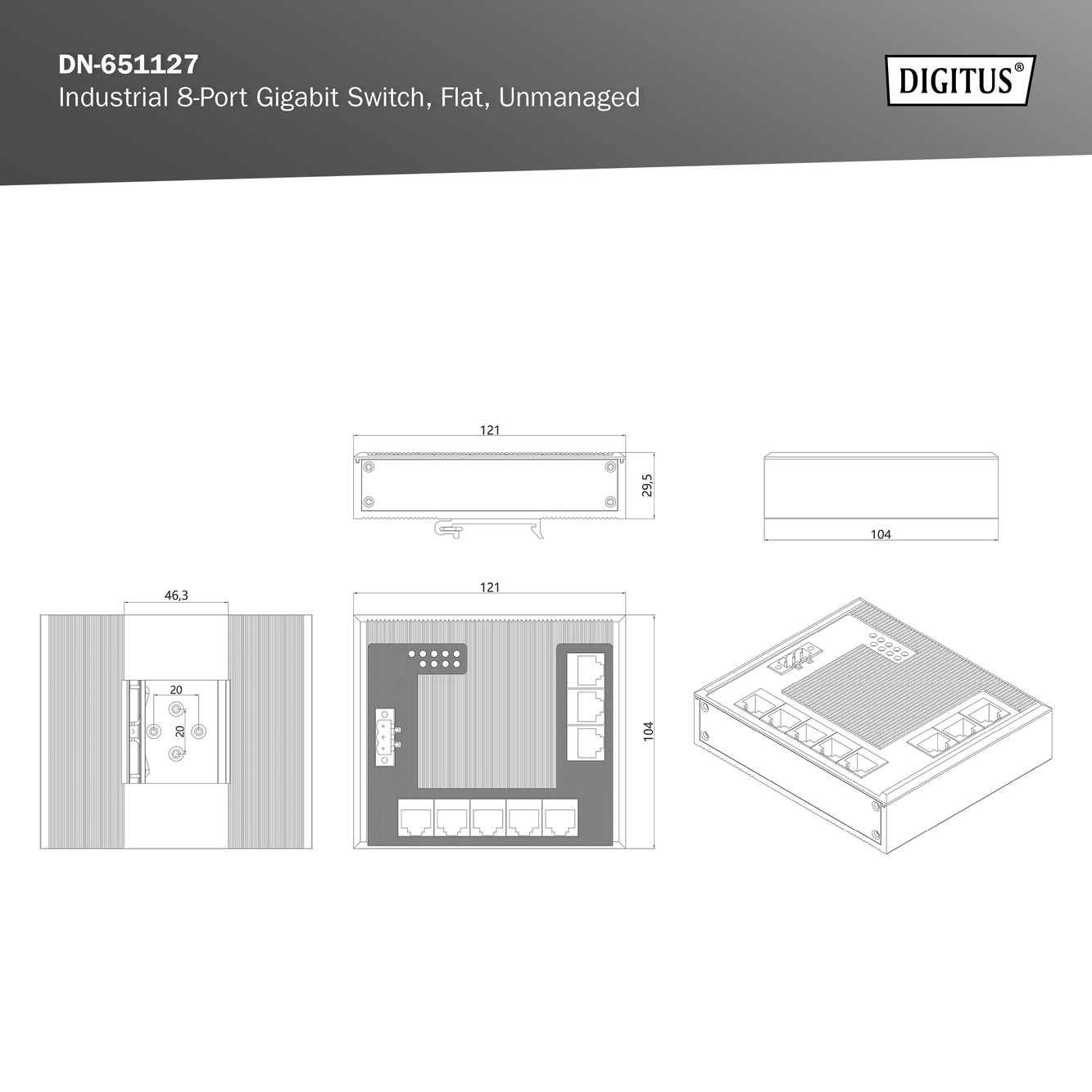 8-poorts Gigabit Ethernet-netwerkschakelaar, plat, industrieel, onbeheerd - Afbeelding 7