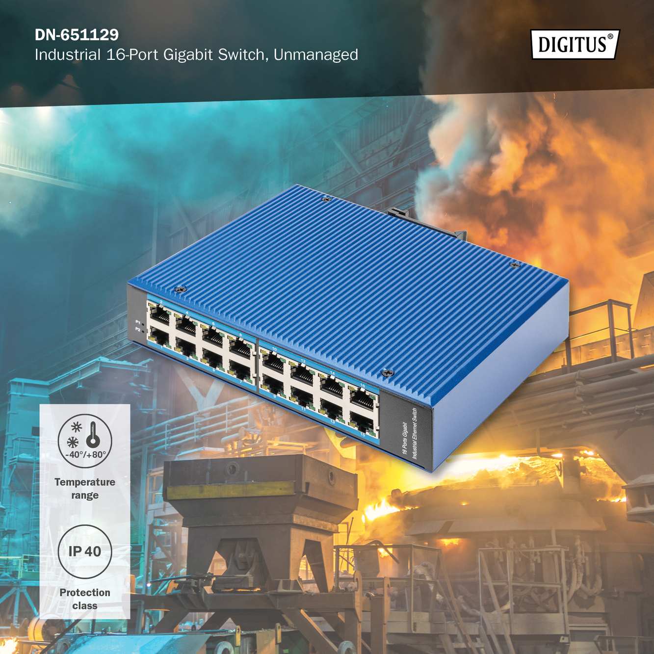 16-poorts Gigabit Ethernet-netwerkschakelaar, industrieel, onbeheerd - Afbeelding 7