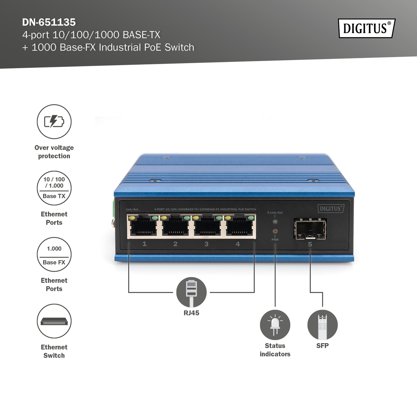 4-poorts Gigabit Ethernet-netwerk PoE-switch, industrieel, onbeheerd, 1 SFP uplink - Afbeelding 6