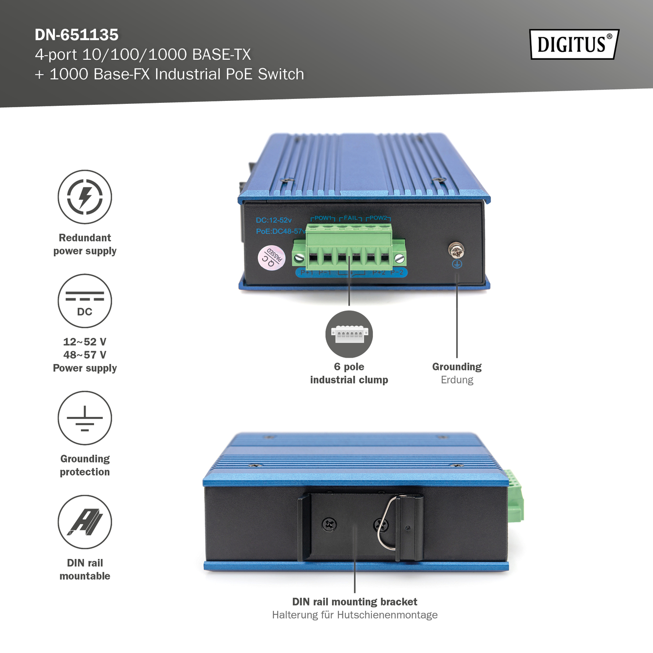 4-poorts Gigabit Ethernet-netwerk PoE-switch, industrieel, onbeheerd, 1 SFP uplink - Afbeelding 7