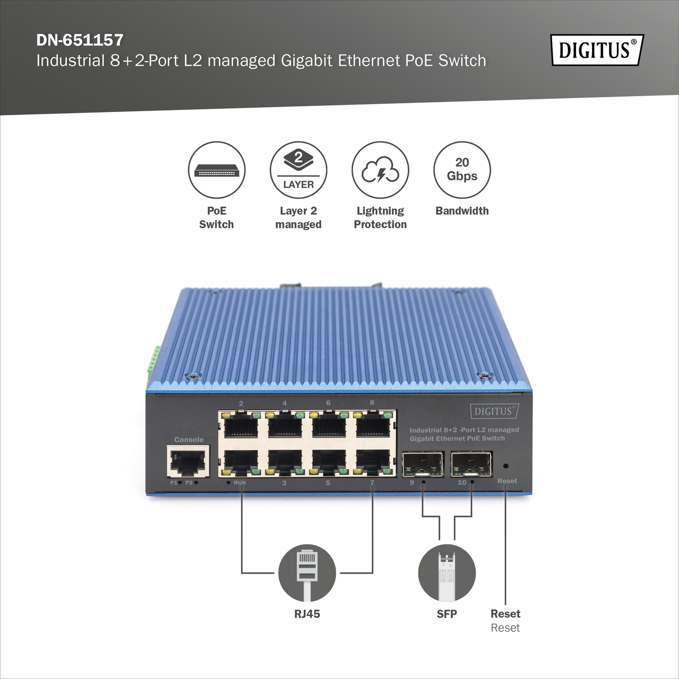 Industriële 8+2-poorts L2 beheerde Gigabit Ethernet PoE-schakelaar - Afbeelding 6