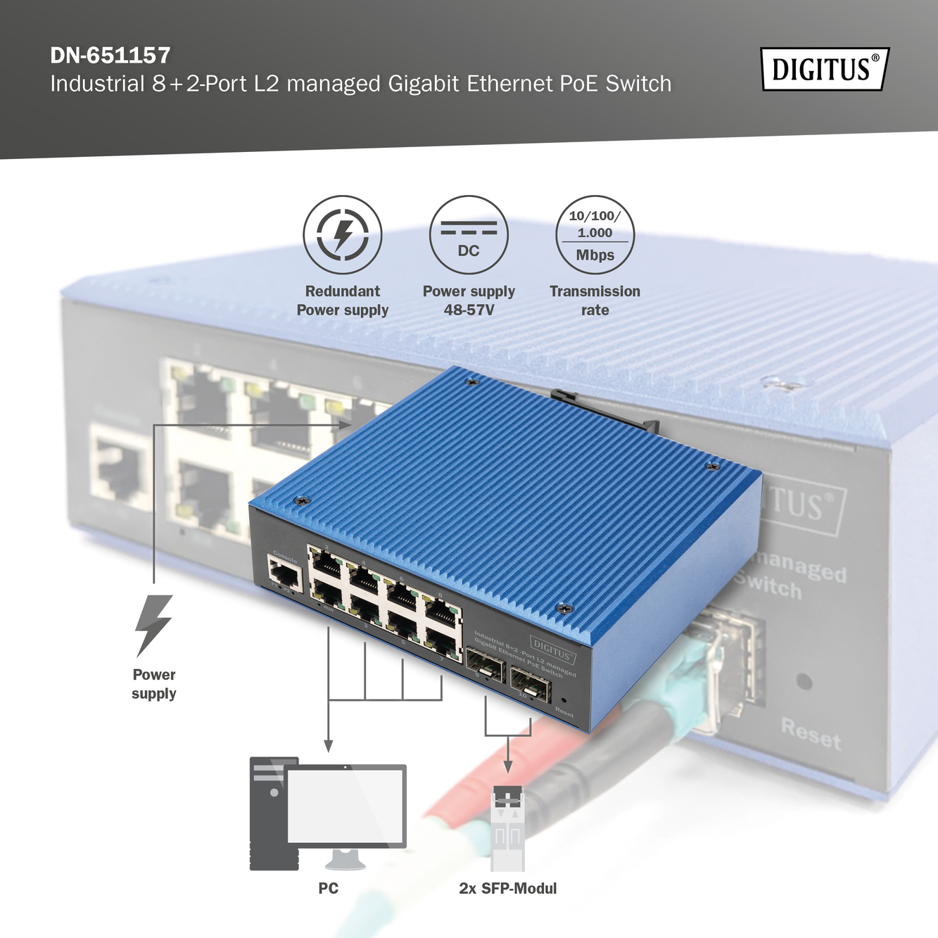Industriële 8+2-poorts L2 beheerde Gigabit Ethernet PoE-schakelaar - Afbeelding 8