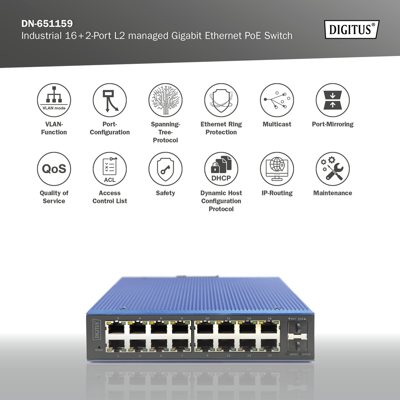 Industriële 16+2-poorts L2 managed Gigabit Ethernet PoE-switch - Afbeelding 7