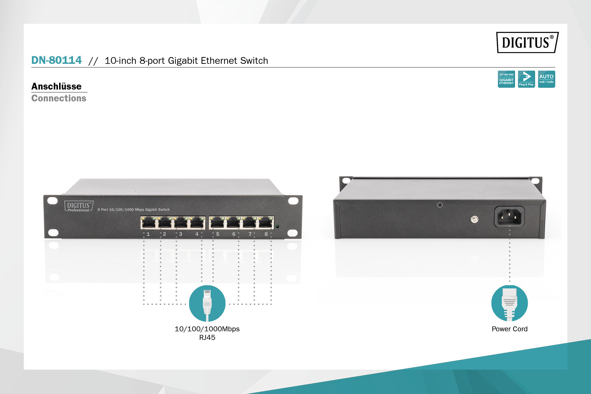 10" Gigabit Ethernet-switch, 8 poorten, onbeheerd - Afbeelding 6