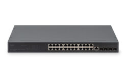 Alternative view of 24-poorts 10/100/1000 + 4SFP+ UPLINK switch, 19", L2+ features