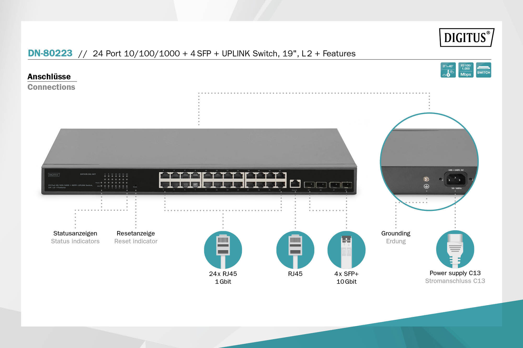 24-poorts 10/100/1000 + 4SFP+ UPLINK switch, 19", L2+ features - Afbeelding 4