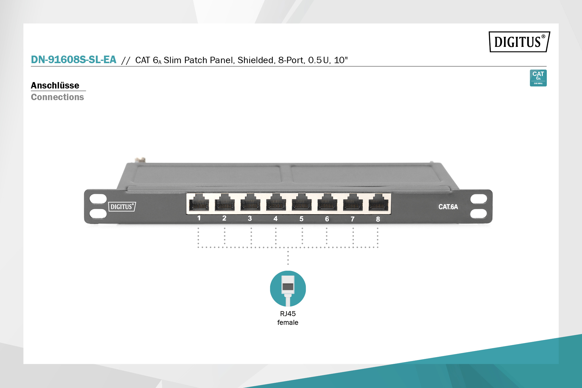 CAT 6A Slim Patch Panel, afgeschermd, 8-poorts, 0,5 HE, 10", zwart - Afbeelding 6