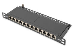 CAT 6A Slim Patch Panel, afgeschermd, 12-poorts, 0,5 HE, 10", zwart