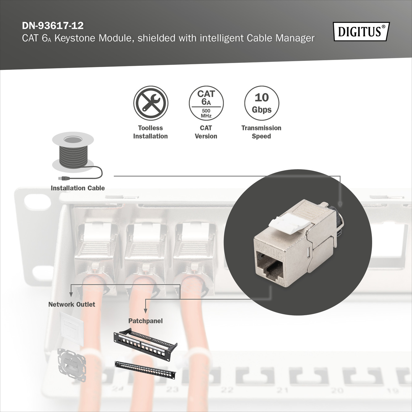CAT 6A Keystone module, afgeschermd met intelligente kabelmanager - 12 st. - Afbeelding 4
