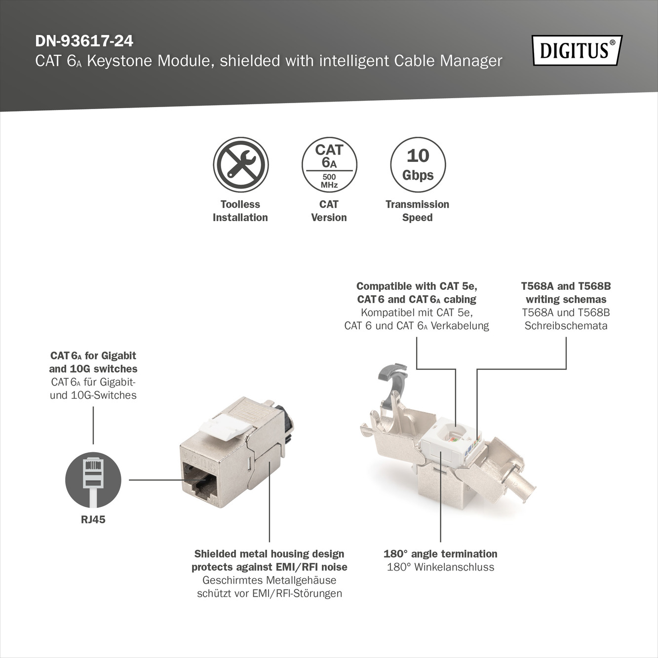 CAT 6A Keystone module, afgeschermd met intelligente kabelmanager, set (24 stuks) - Afbeelding 10