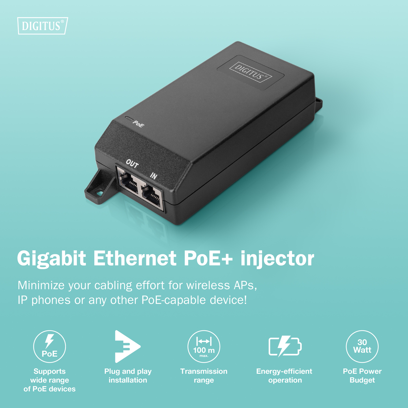 Gigabit Ethernet PoE+ injector, 802.3at, 30 W - Afbeelding 6