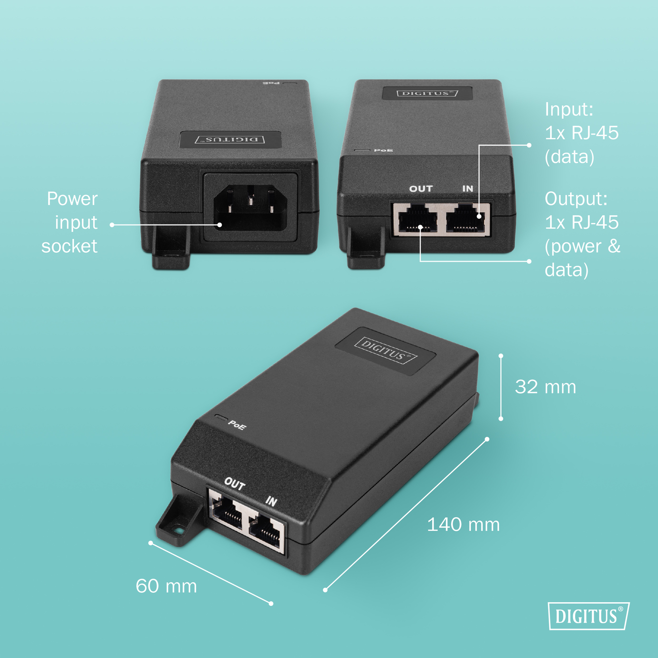 Gigabit Ethernet PoE+ injector, 802.3at, 30 W - Afbeelding 8