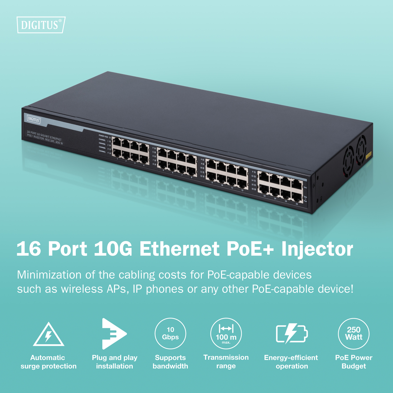 16-poorts 10G Ethernet PoE+ injector, 802.3at, 250 W - Afbeelding 6