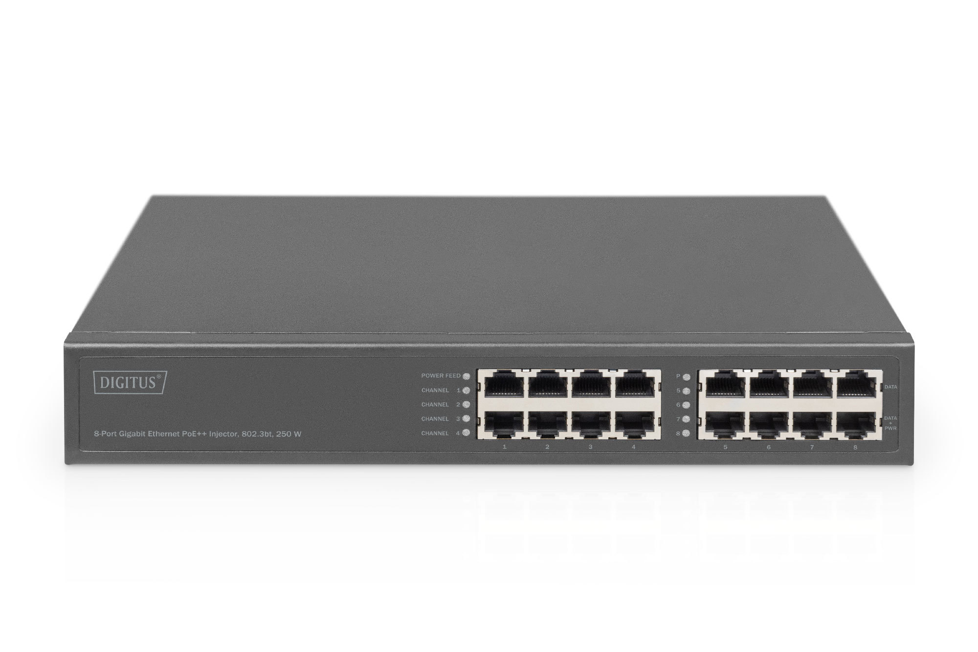 8-Poorts Gigabit ethernet PoE+ injector, 802.3bt, 250 W - Afbeelding 2