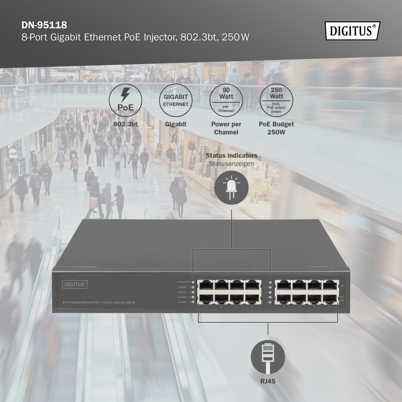 8-Poorts Gigabit ethernet PoE+ injector, 802.3bt, 250 W - Afbeelding 4