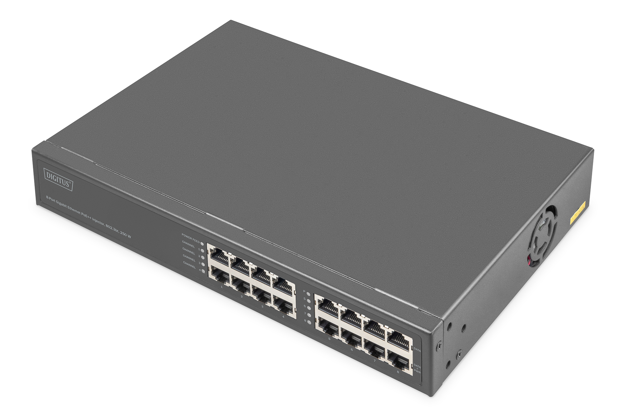 8-Poorts Gigabit ethernet PoE+ injector, 802.3bt, 250 W