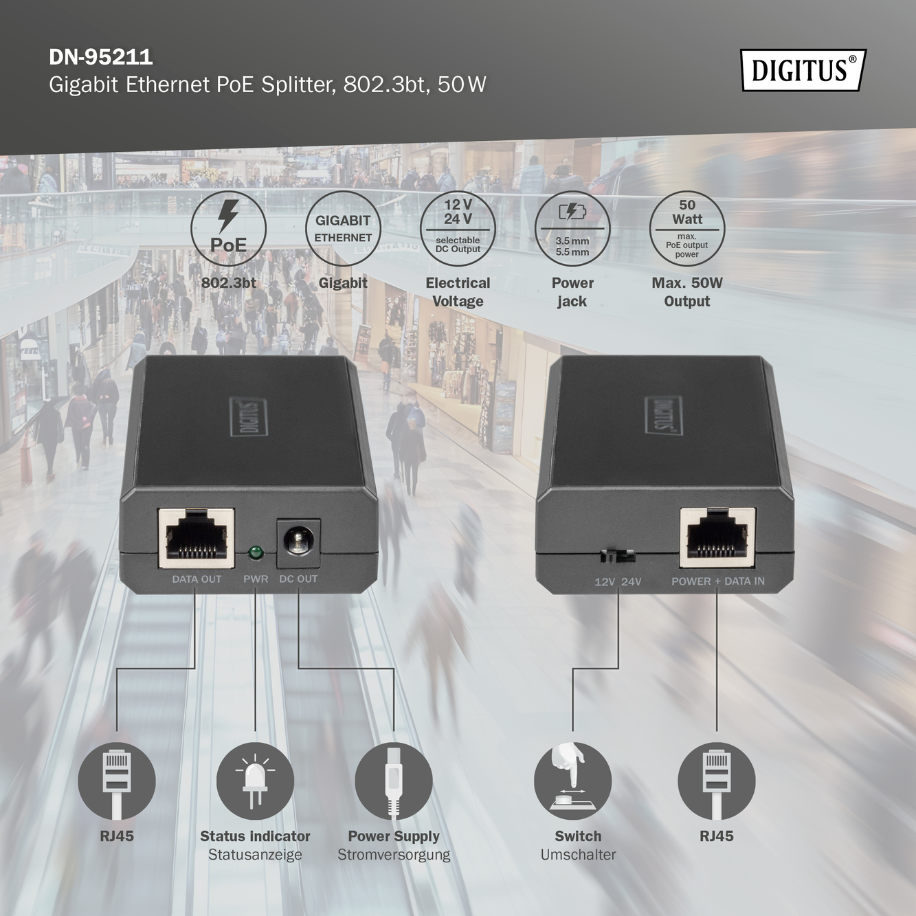 Gigabit Ethernet PoE-splitter, 802.3bt, 51 W - Afbeelding 5