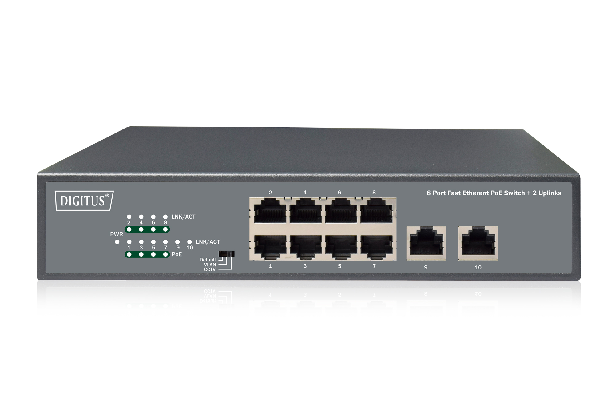 8-poorts Fast Ethernet PoE netwerkswitch, desktop, onbeheerd, 2 uplinkpoorten RJ45,120 W, af/at - Afbeelding 2