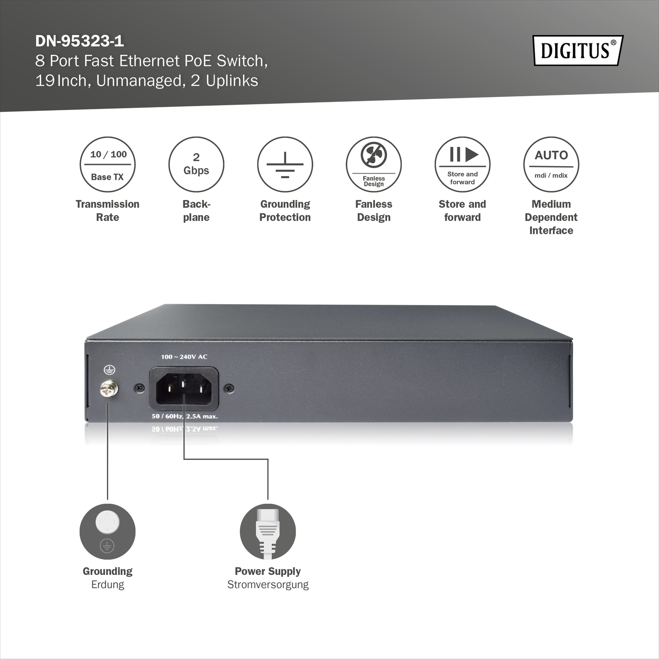 8-poorts Fast Ethernet PoE netwerkswitch, desktop, onbeheerd, 2 uplinkpoorten RJ45,120 W, af/at - Afbeelding 5