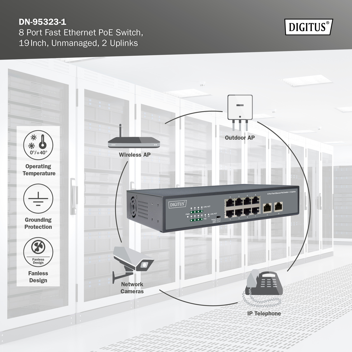 8-poorts Fast Ethernet PoE netwerkswitch, desktop, onbeheerd, 2 uplinkpoorten RJ45,120 W, af/at - Afbeelding 7