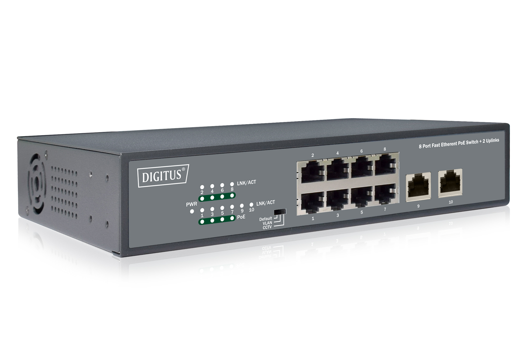8-poorts Fast Ethernet PoE netwerkswitch, desktop, onbeheerd, 2 uplinkpoorten RJ45,120 W, af/at