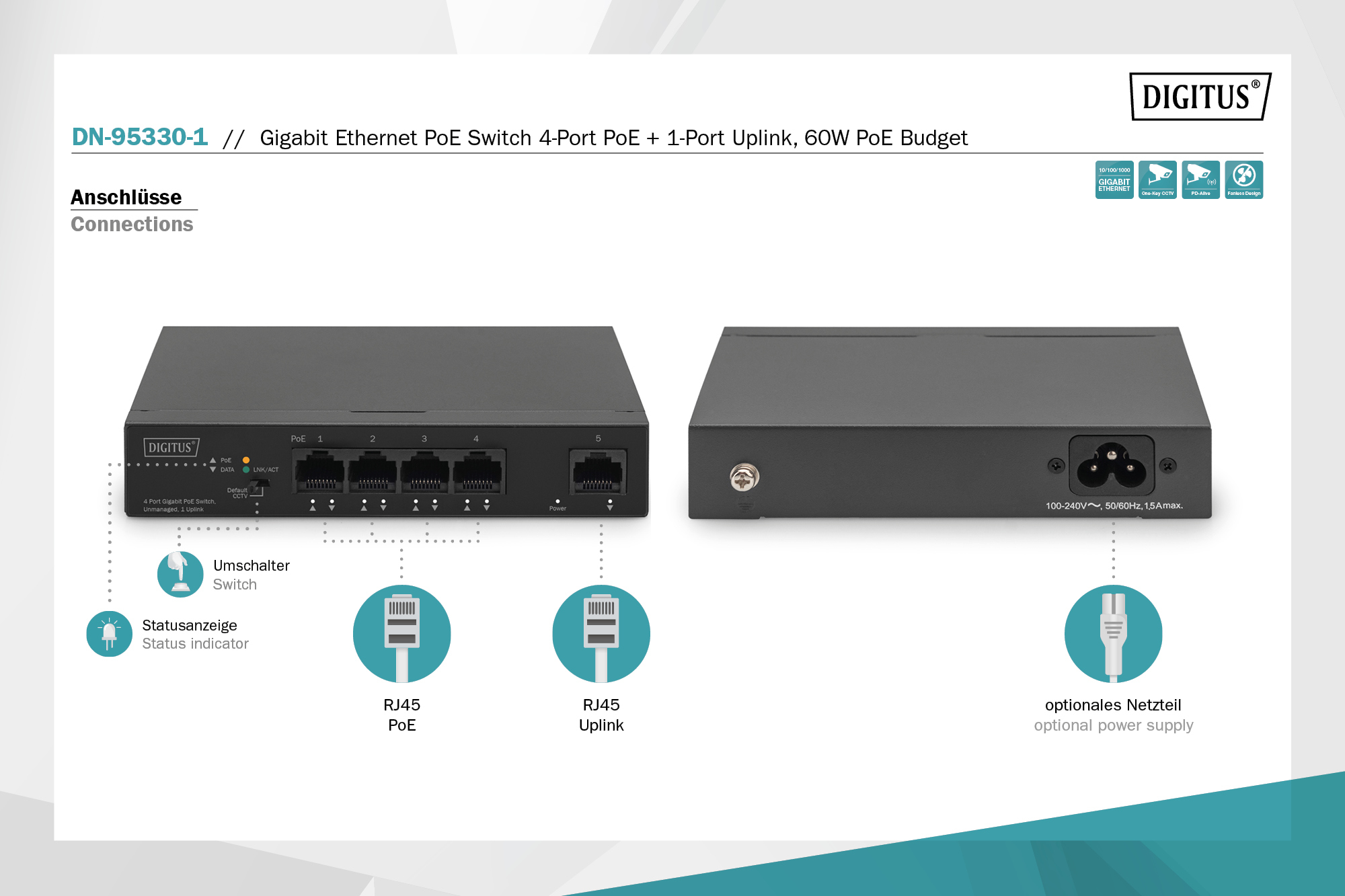 Gigabit Ethernet PoE-switch 4-poorts PoE + 1-poorts uplink, 60 W PoE budget - Afbeelding 7