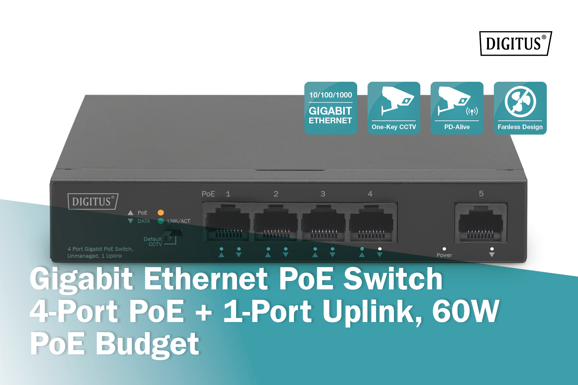 Gigabit Ethernet PoE-switch 4-poorts PoE + 1-poorts uplink, 60 W PoE budget - Afbeelding 5