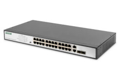 24-poorts Fast Ethernet PoE netwerkswitch, 19-inch, onbeheerd, 2 GE uplink poorten, SFP, 370 W, af/at