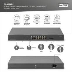 16-poorts Gigabit Netwerkswitch, 19 inch, unmanaged, 2 Uplink Ports, SFP - Afbeelding 4