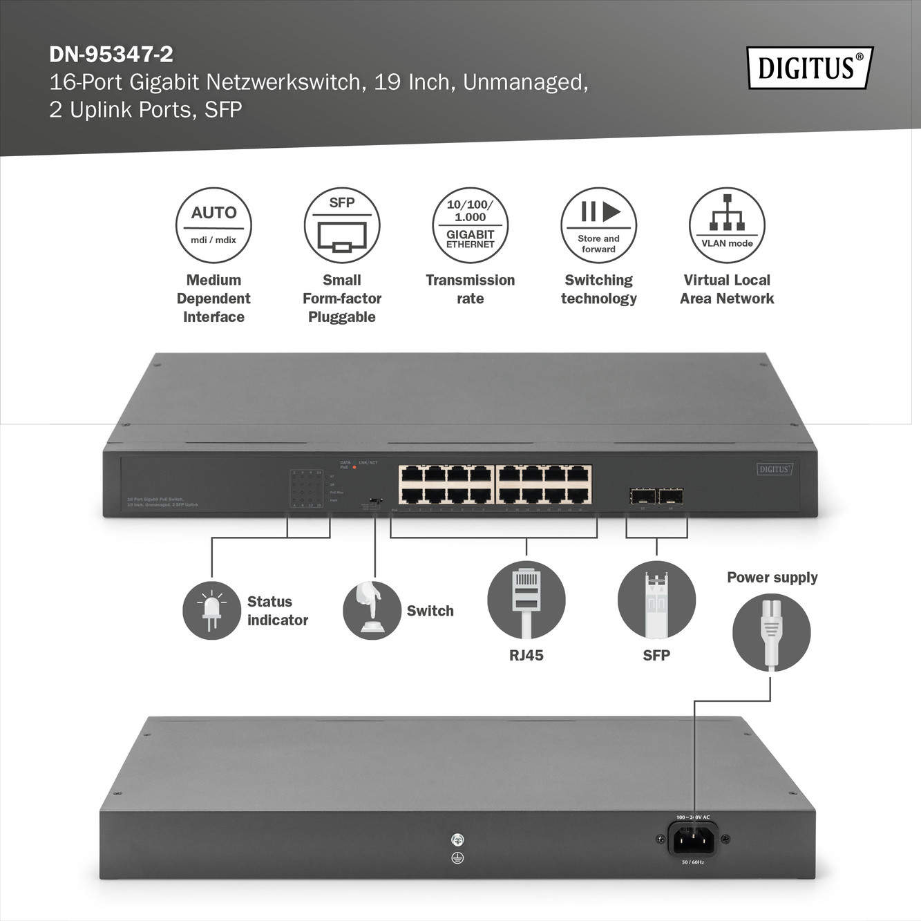 16-poorts Gigabit Netwerkswitch, 19 inch, unmanaged, 2 Uplink Ports, SFP - Afbeelding 4
