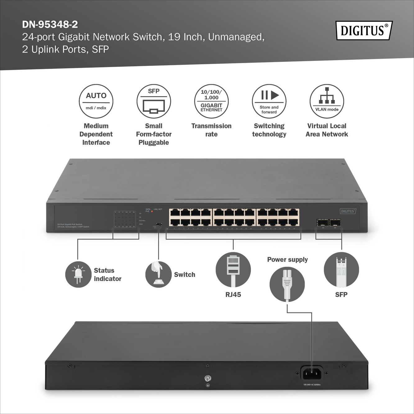 24-poorts Gigabit Netwerkswitch, 19 inch, unmanaged, 2 Uplink Ports, SFP - Afbeelding 4