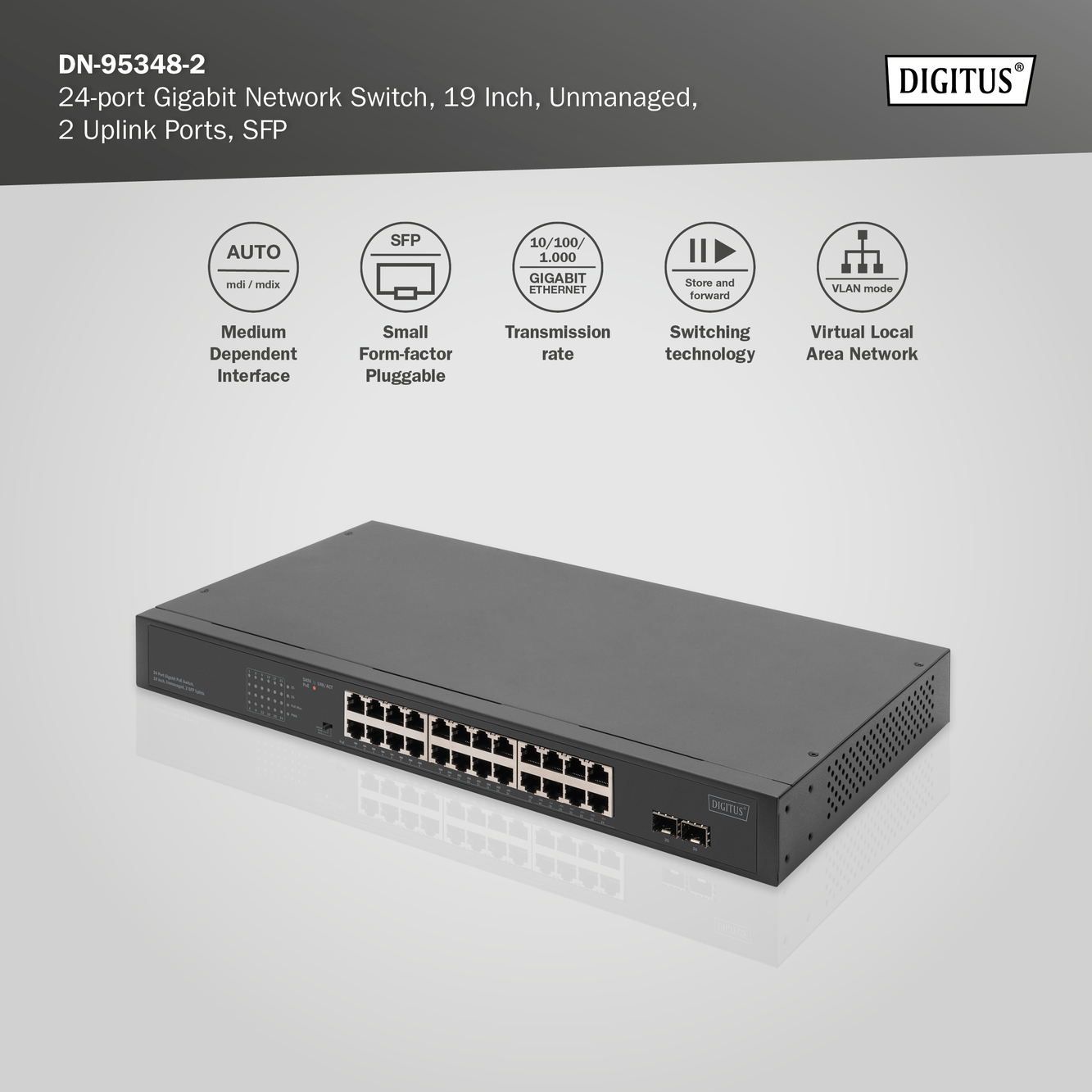 24-poorts Gigabit Netwerkswitch, 19 inch, unmanaged, 2 Uplink Ports, SFP - Afbeelding 6